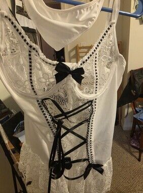 White Lace Corset-Style Slip with Black Ribbon Accents